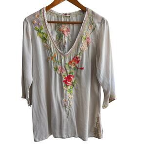 JOHNNY WAS Tunic Top Womens M Taupe Semi-Sheer Floral Embroidered V-Neck Boho